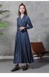 Vestido vaquero de manga larga con cuello Peter Pan y cintura anudada, estilo patchwork, color azul marino francés